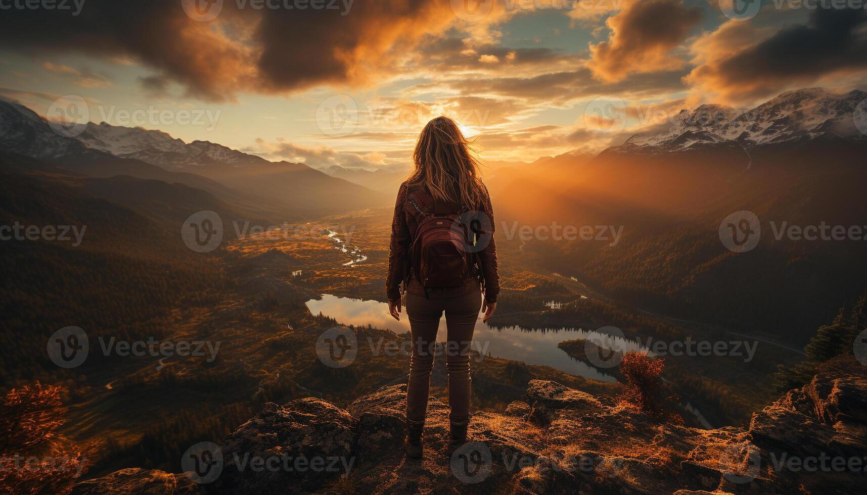 AI generated One person hiking mountain peak at sunrise generated by AI photo