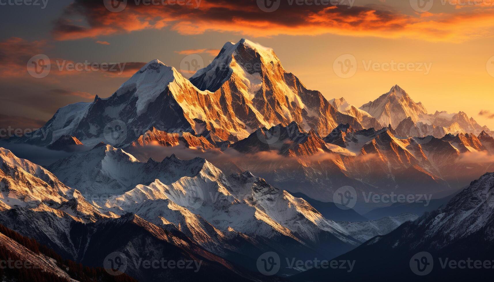 AI generated Majestic mountain peak, snow capped, tranquil scene, dramatic sky generated by AI photo