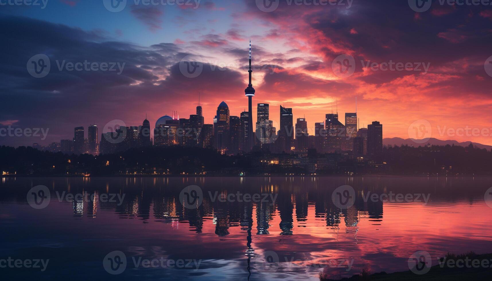 AI generated Cityscape at dusk, reflecting in tranquil waterfront generated by AI photo