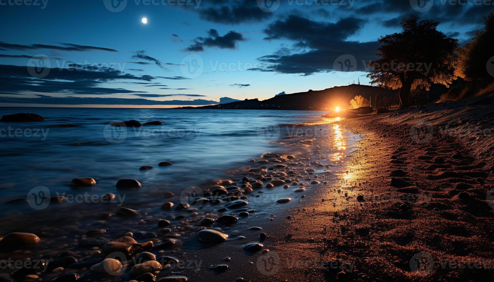 ai generado puesta de sol terminado el tranquilo línea costera, un verano belleza generado por ai foto
