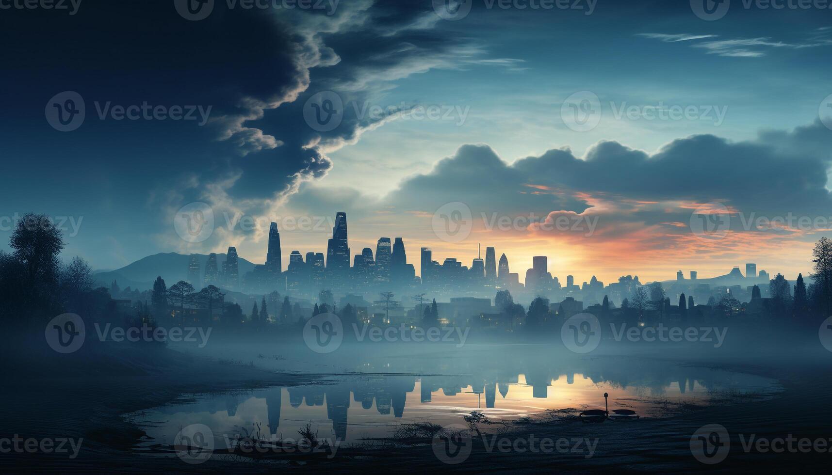 AI generated Skyscrapers silhouette against sunset, reflecting on water generated by AI photo