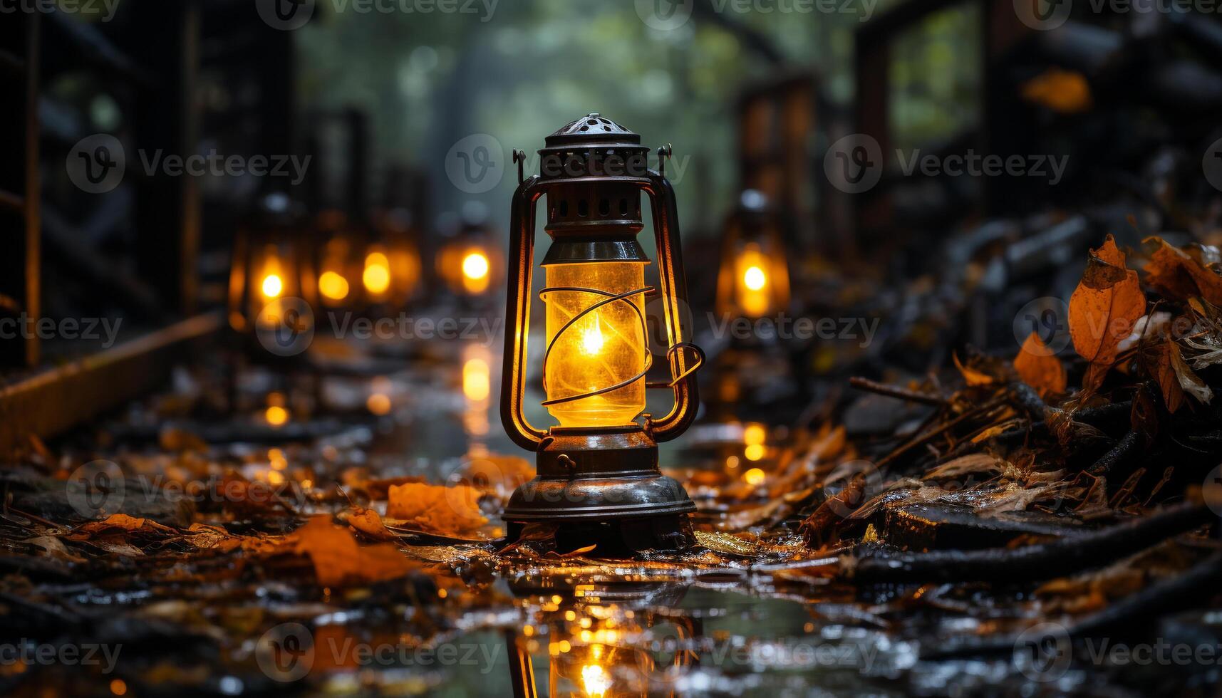 AI generated Glowing lantern illuminates dark autumn night in nature generated by AI photo