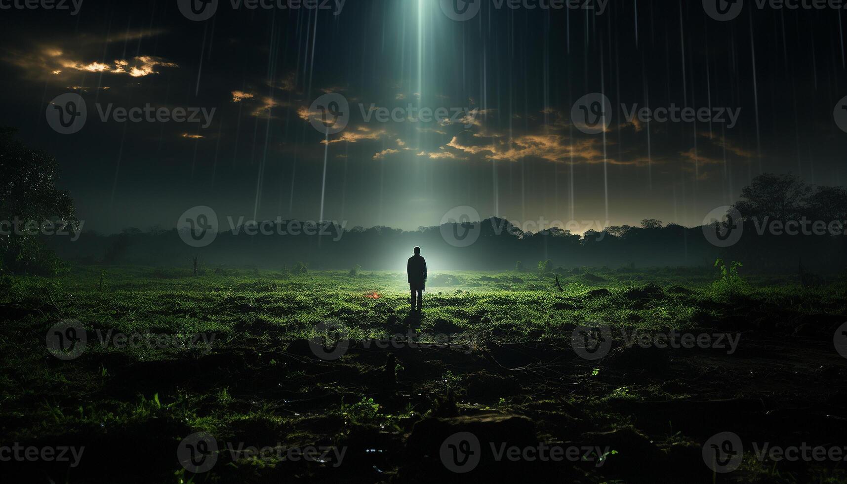 AI generated Silhouette of a businessman walking towards glowing cross generated by AI photo