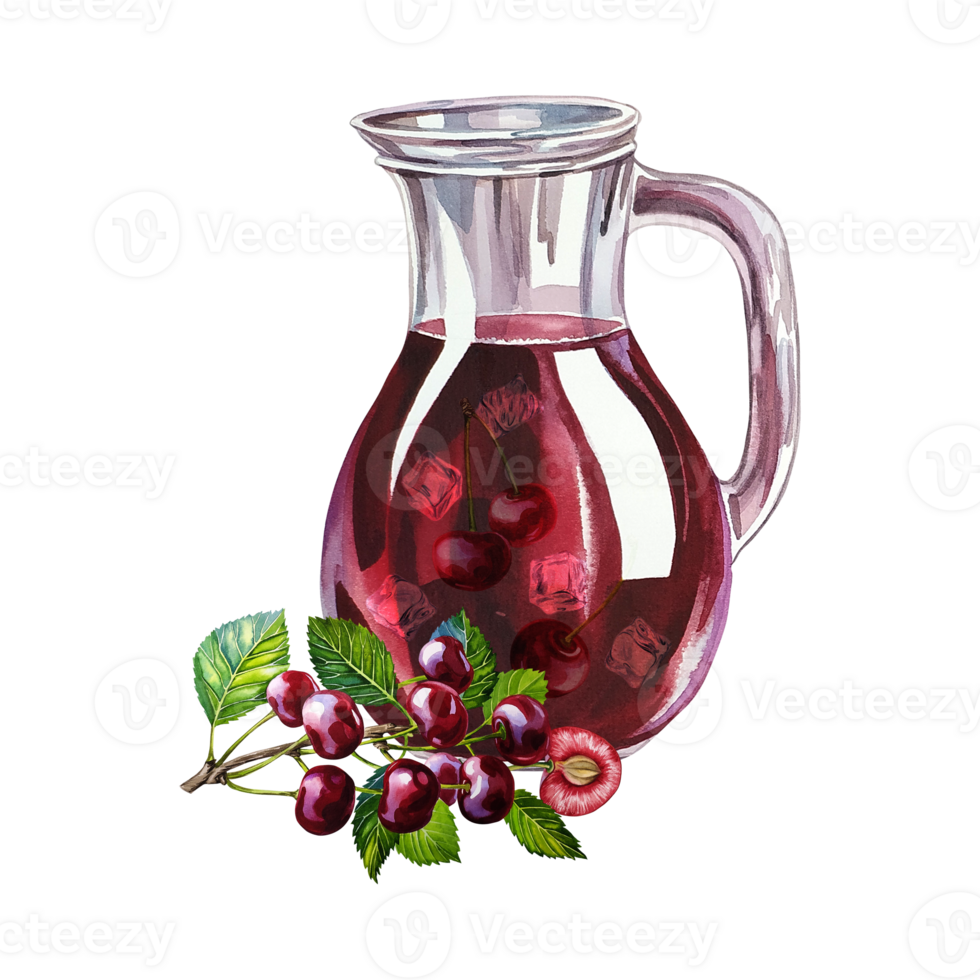 A jug of cherry juice. Ripe and juicy cherries. Watercolor illustration, hand-drawn. For the design of labels, packaging and banners. For textiles, prints and stickers. For menus, invitation cards. png