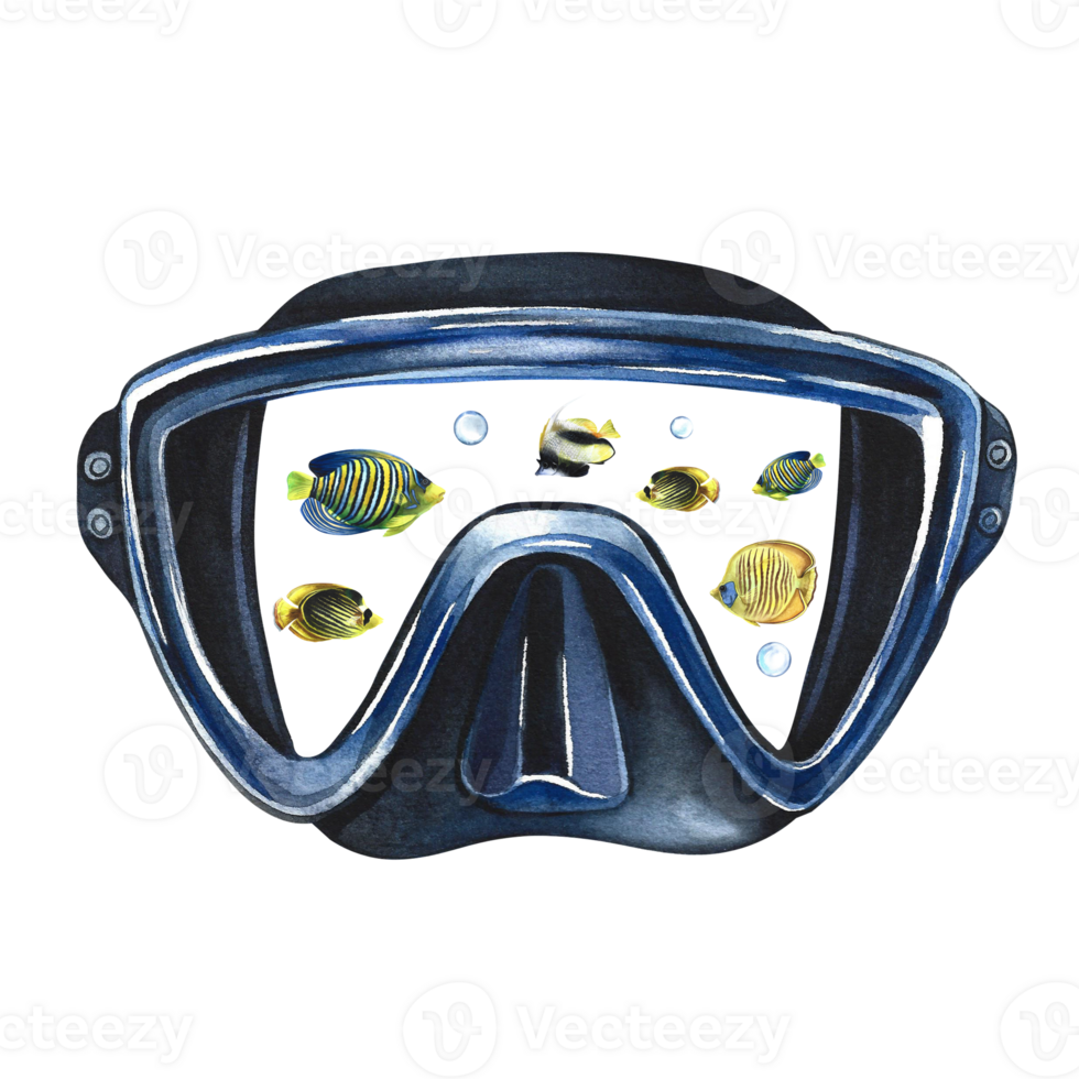 A diver's mask with tropical fish behind the glass. Hand-drawn in watercolor. Underwater journey. For the design of labels, cards and banners, flyers and brochures. For prints, stickers, postcards. png