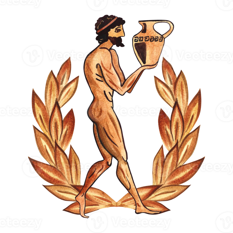 Composition with ancient Greek athletes with amphora and laurel crown. In the style of ancient Greek art painting. Hand drawn watercolor illustration. For prints, postcards, print and textile png