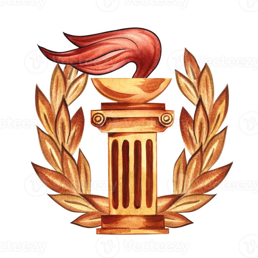 Flame of ancient Greece. Torch in a bowl on a Greek column. Laurel crown of the winner. Watercolor hand drawn illustration. Isolate. For the design of banners, postcards, prints and textiles. png