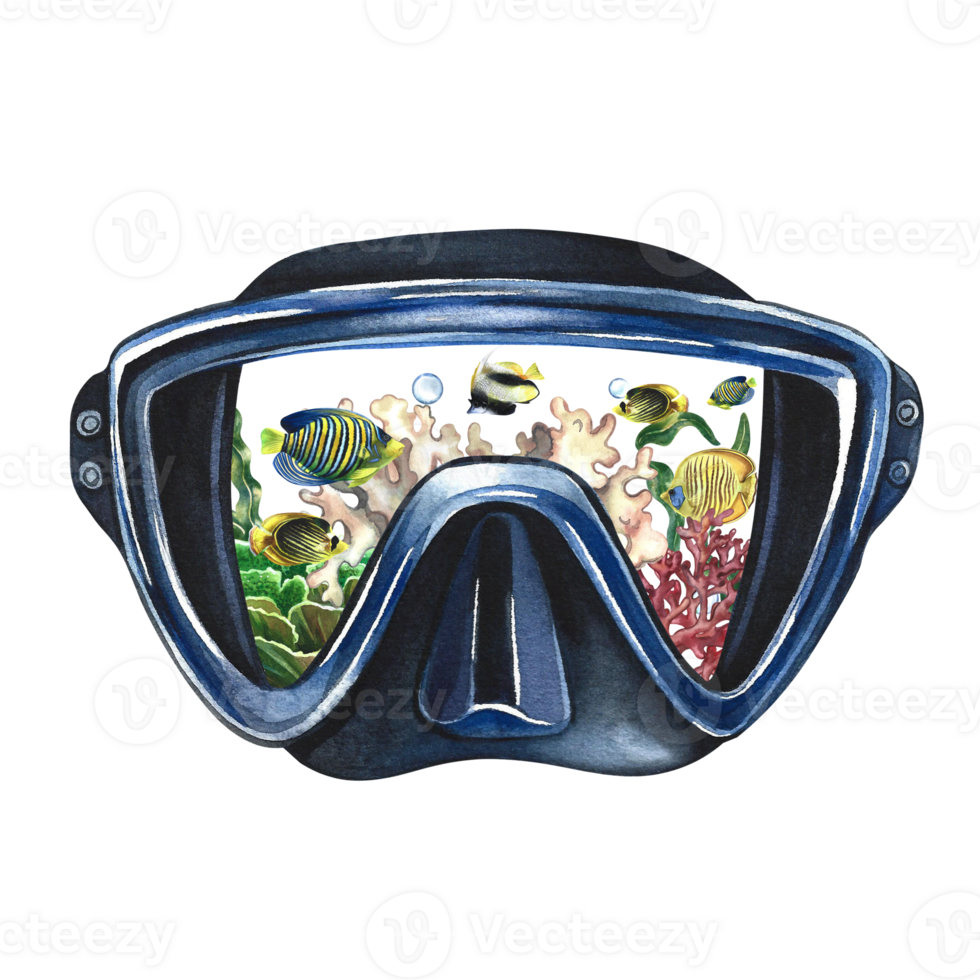 Diver's mask with tropical fish and corals behind the glass. Hand-drawn in watercolor. Underwater journey. For the design of labels, cards and banners, leaflets and brochures. For prints, stickers. png