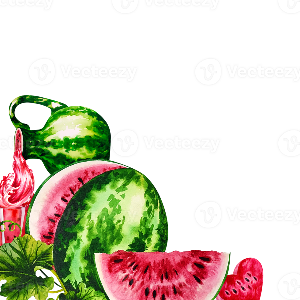 Corner frame with watermelons and fresh watermelon juice. Handmade watercolor illustration. For labels, packaging and banners. For textiles, prints and stickers, invitations and greeting cards. png
