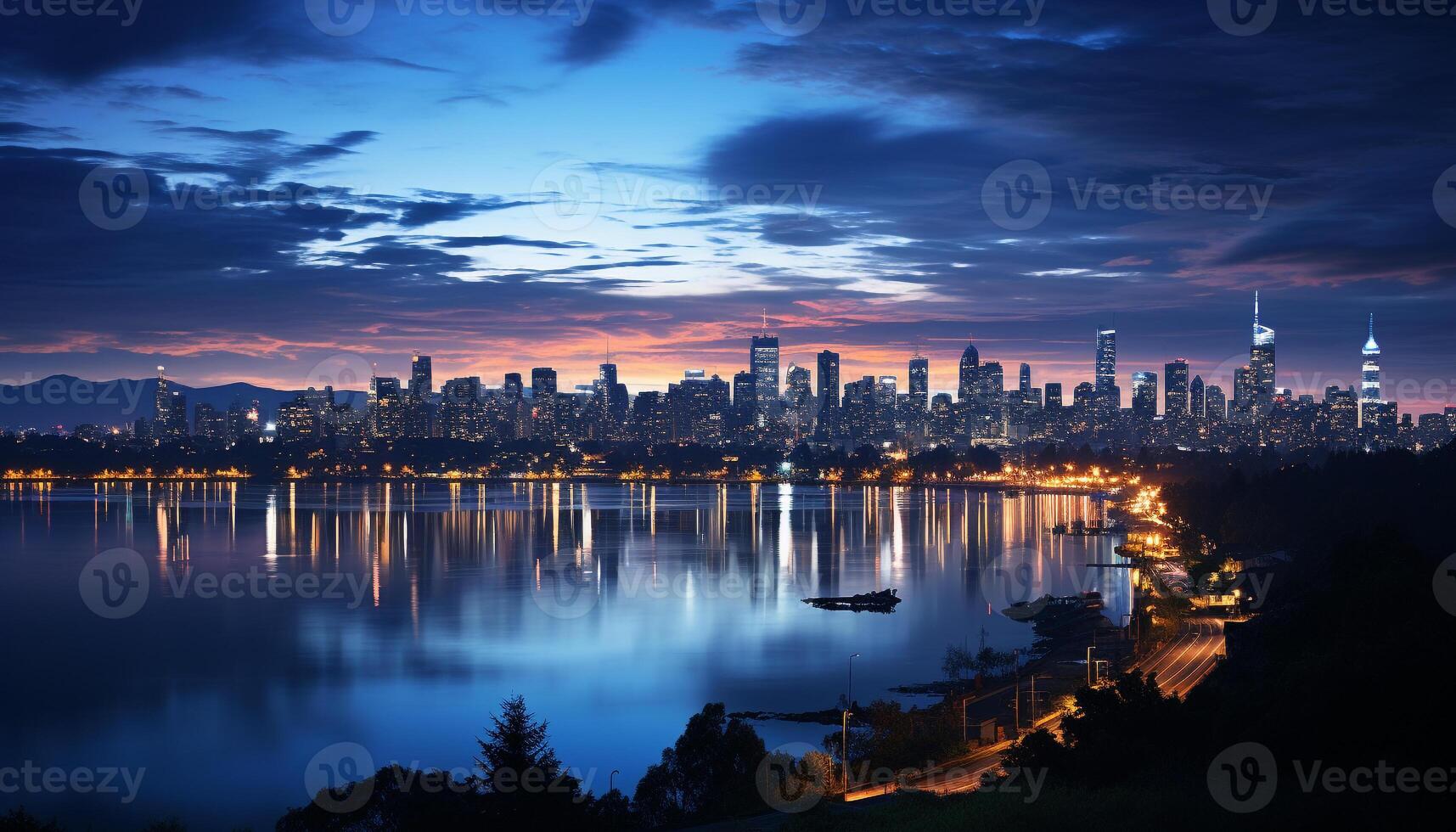 AI generated Cityscape at dusk, skyscrapers reflecting in water generated by AI photo