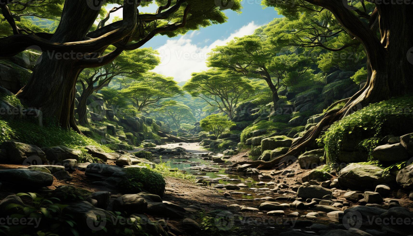 AI generated Tranquil scene of a green tropical rainforest generated by AI photo