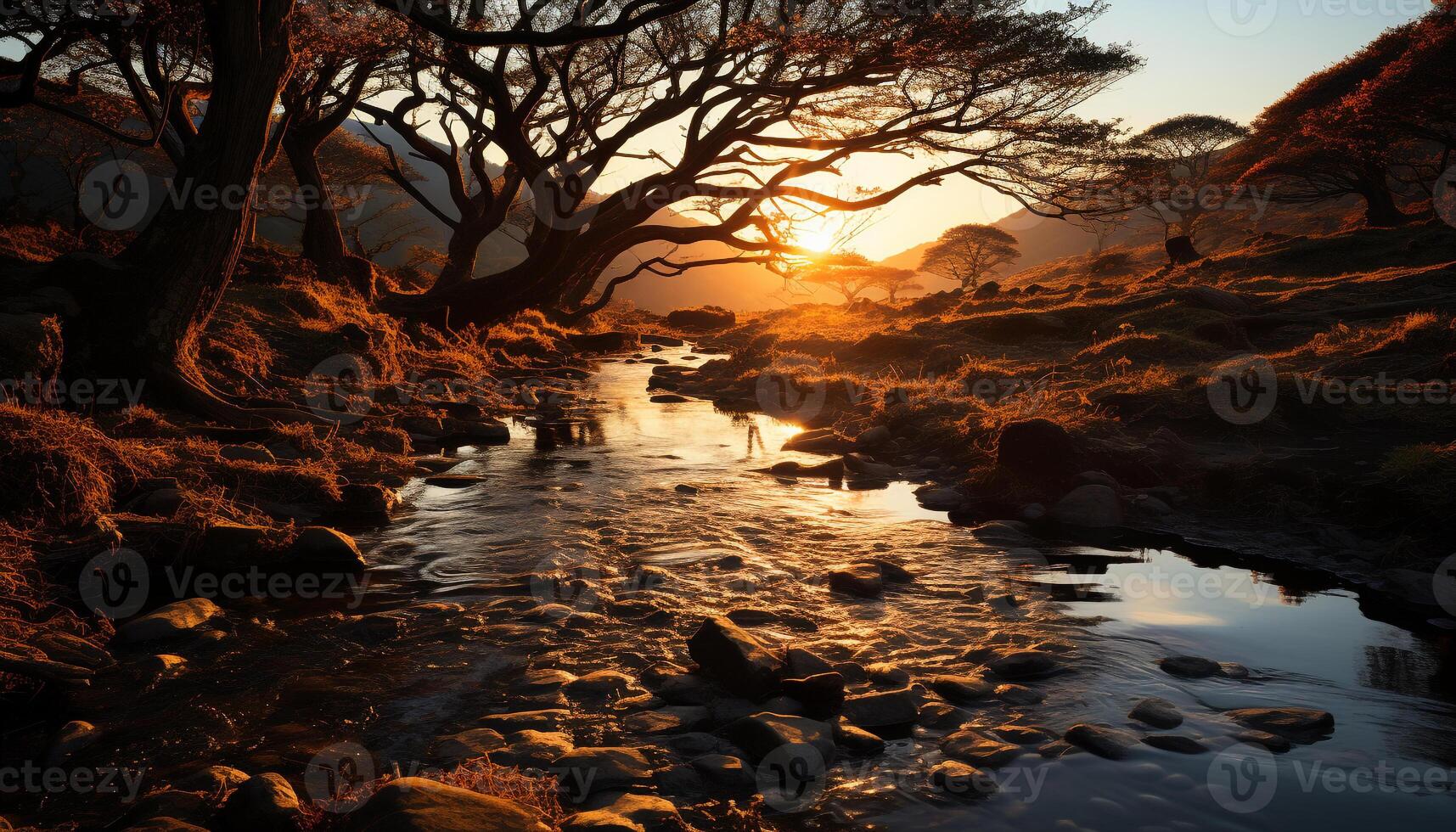 ai generado tranquilo puesta de sol terminado agua, árbol siluetas reflejar generado por ai foto