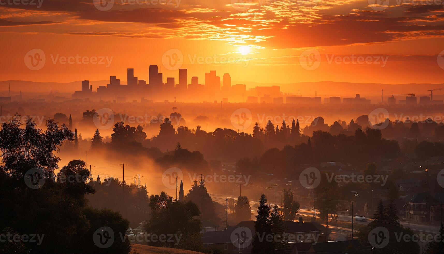 AI generated Silhouette of city skyline at dusk, backlit by sunset generated by AI photo