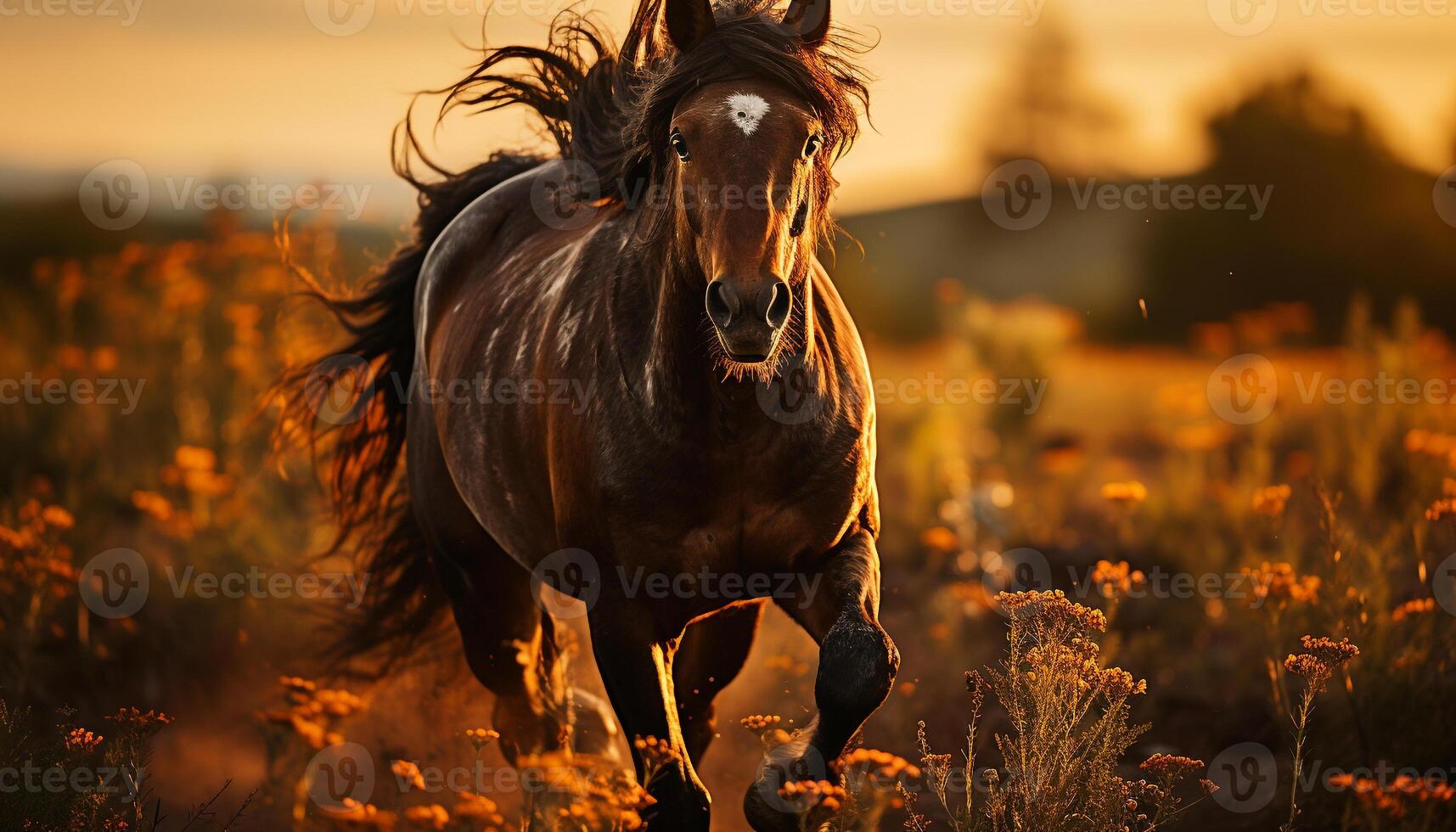 AI generated Running horse in sunset, showcasing beauty and freedom generated by AI photo