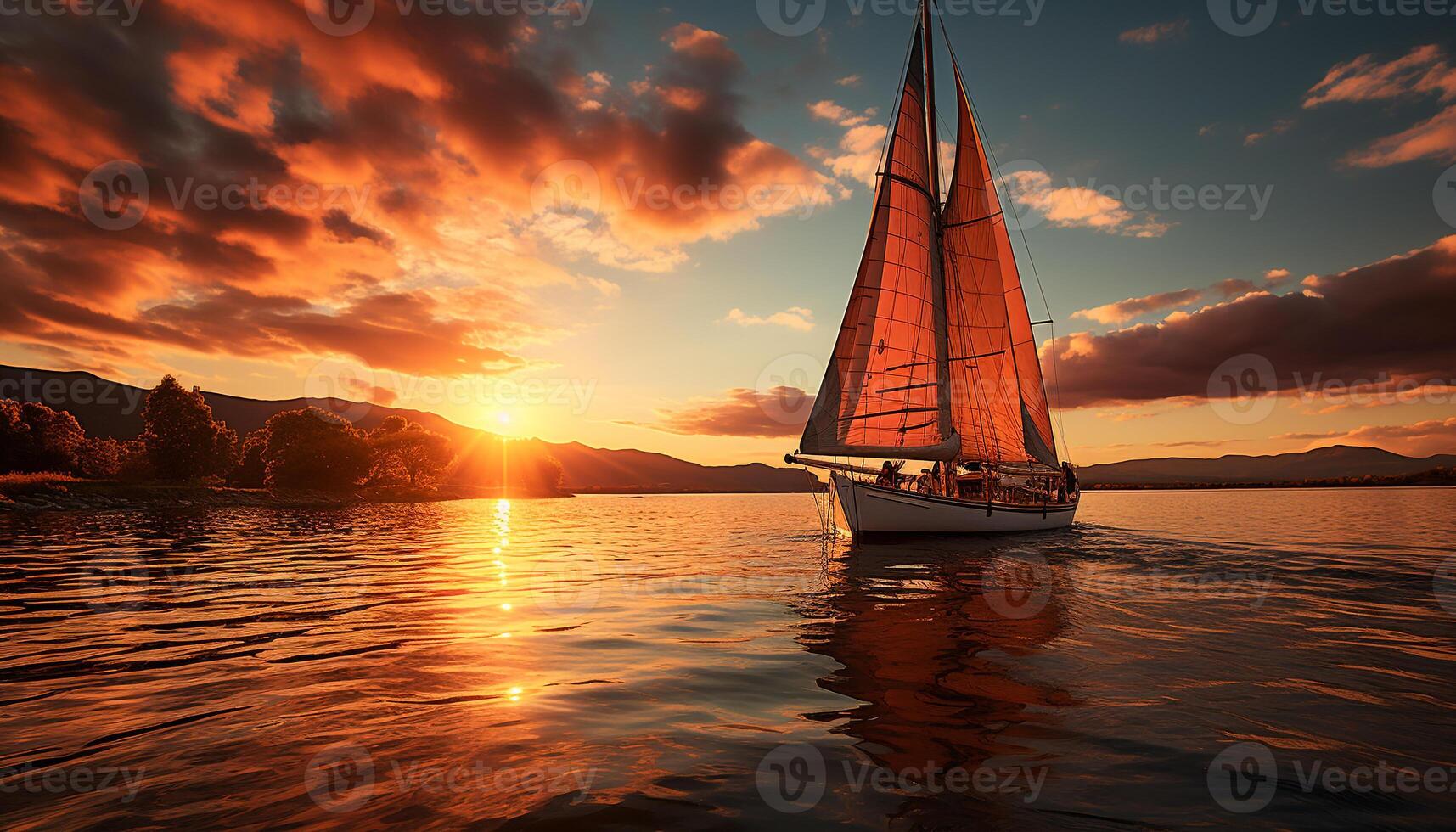 AI generated Sailboat sailing at sunset, nature tranquil adventure generated by AI photo