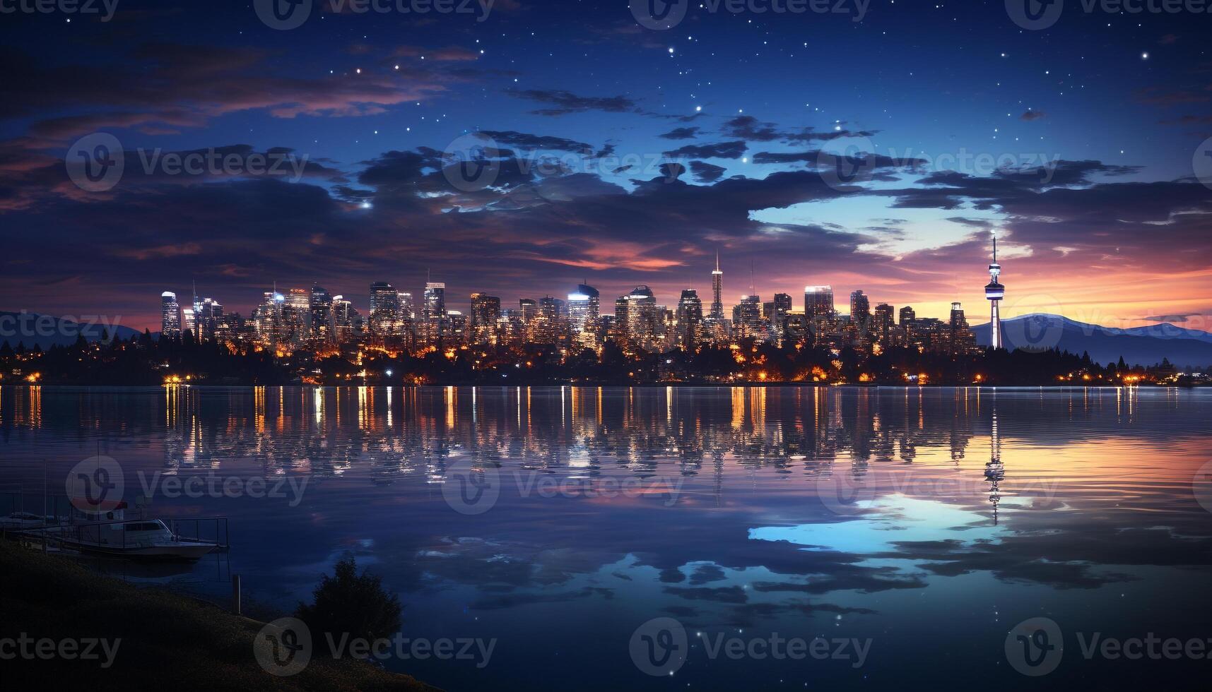 AI generated Cityscape at dusk, skyscrapers reflecting on water generated by AI photo