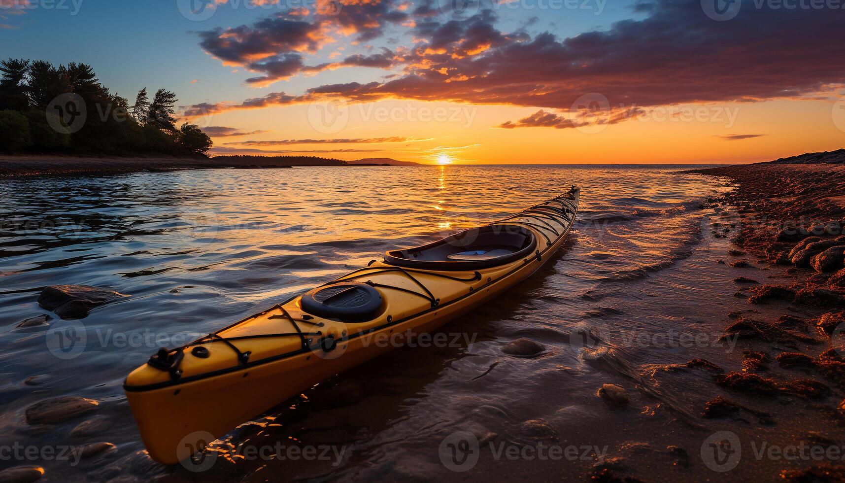 ai generado puesta de sol terminado agua, kayak en tranquilo verano oscuridad generado por ai foto