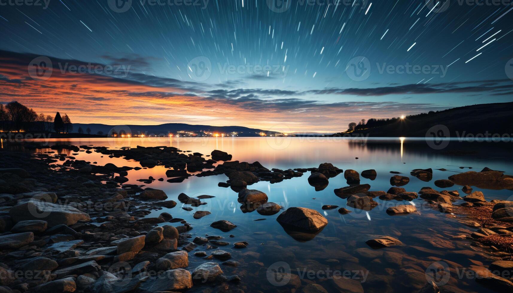 AI generated Tranquil scene of mountain reflection under starry sky generated by AI photo