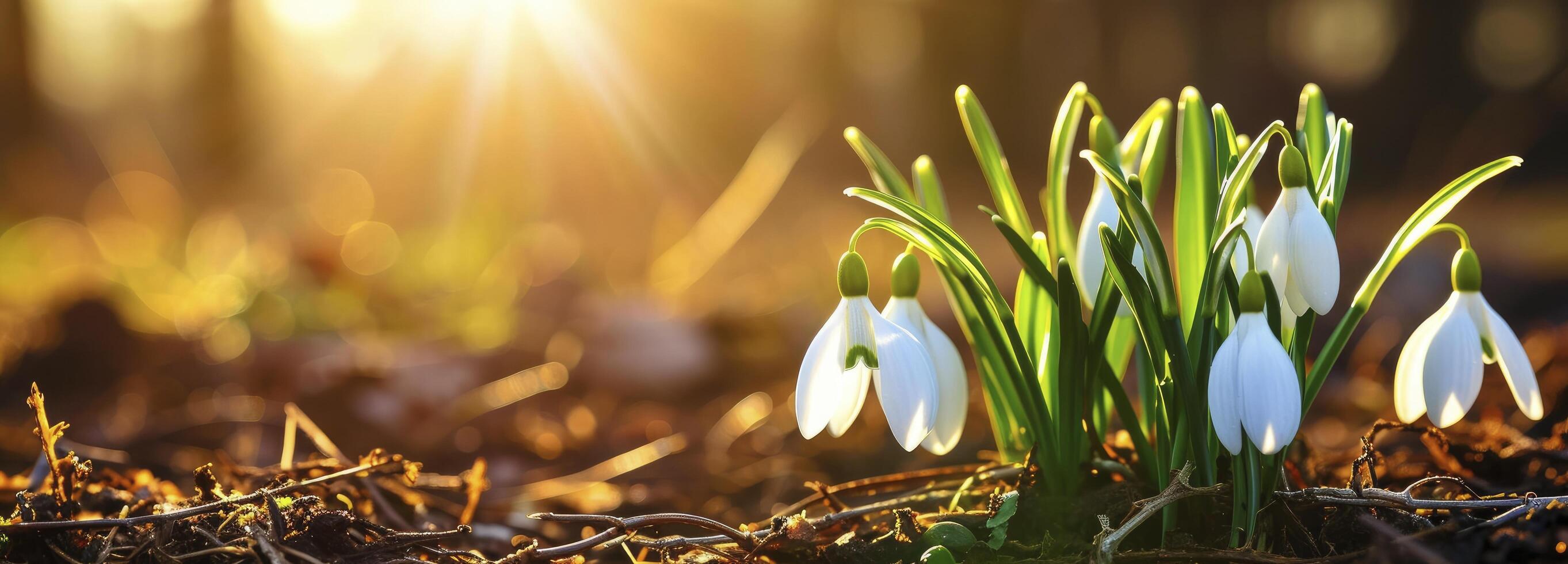 AI generated white snowdrop flowers bloom outdoors with sunlight in bokeh background photo