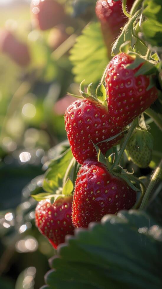 ai generado un de cerca capturar de maduro fresas tomando el sol en luz de sol, su delicioso rojo matiz señalización preparación para cosecha. foto