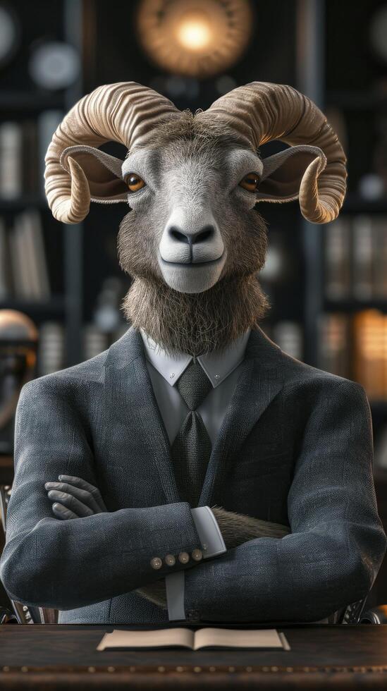 AI generated A Ram Wearing a Business Suit, Captured in an Office Setting, Personifying Professionalism and Business Acumen photo