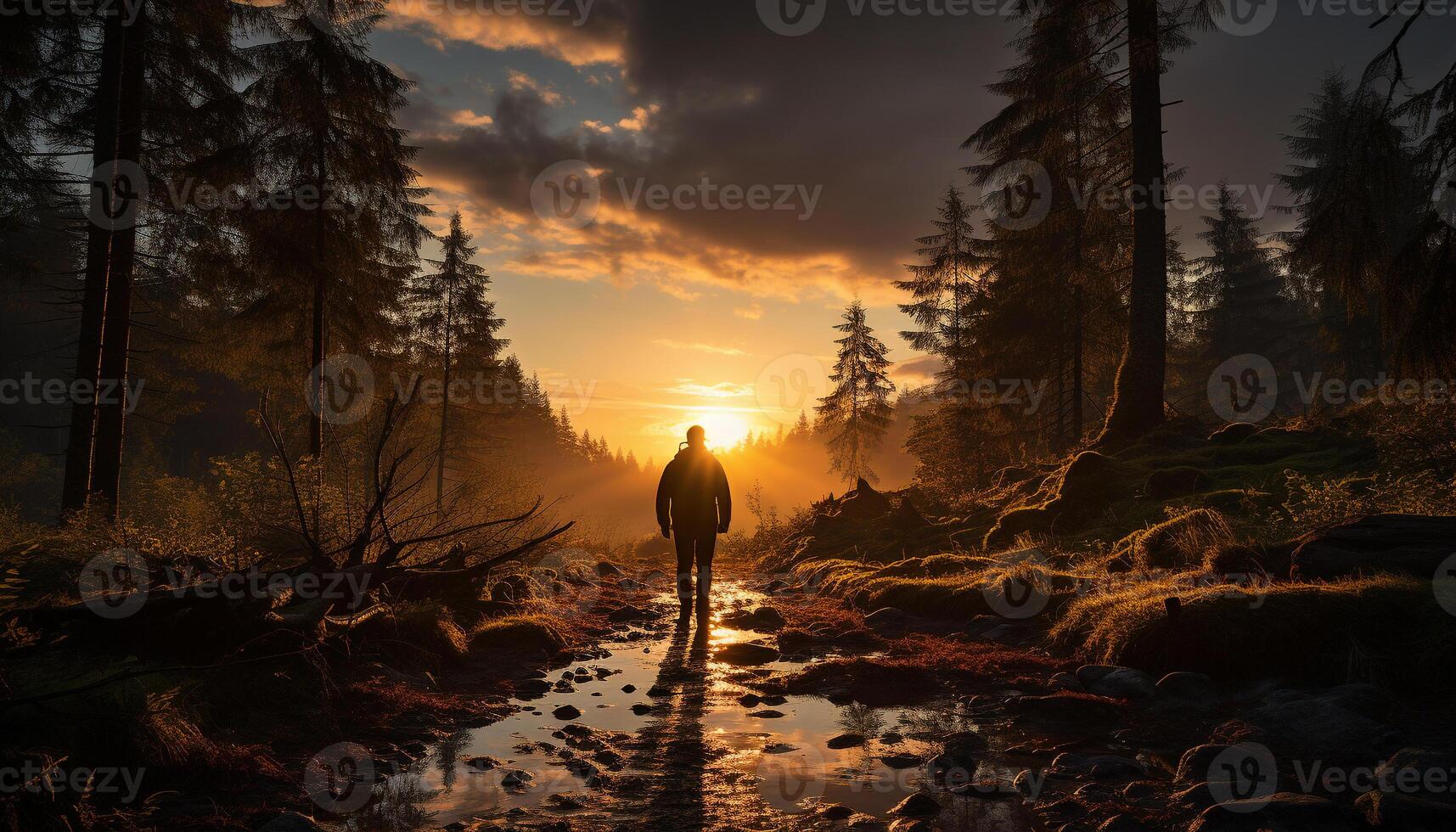AI generated Silhouette of a man walking in a tranquil forest generated by AI photo