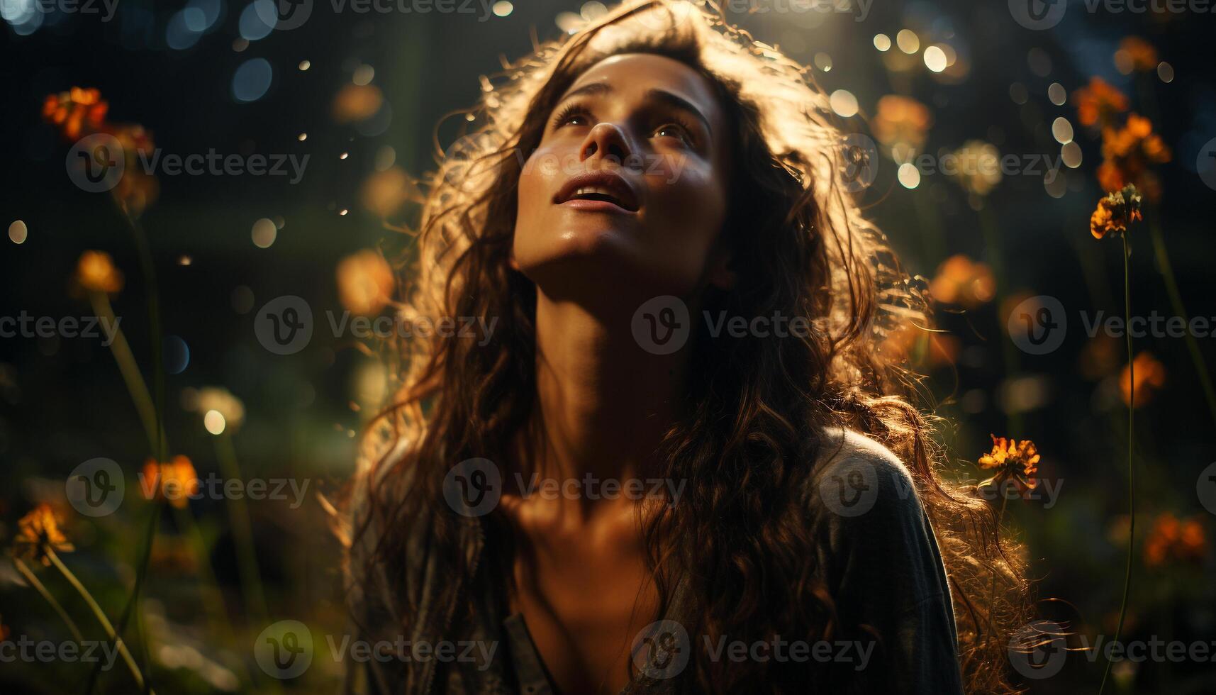 AI generated Young woman enjoying nature, smiling in the forest generated by AI photo