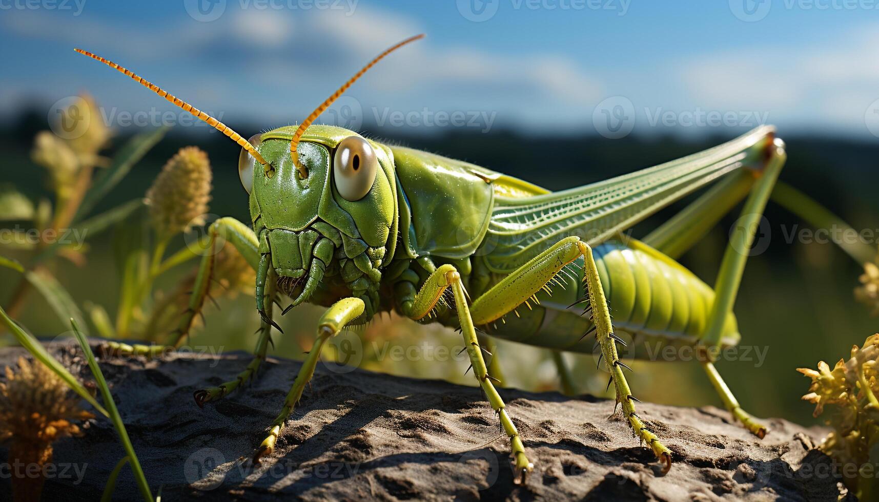 AI generated Close up of a green locust on a leaf generated by AI photo