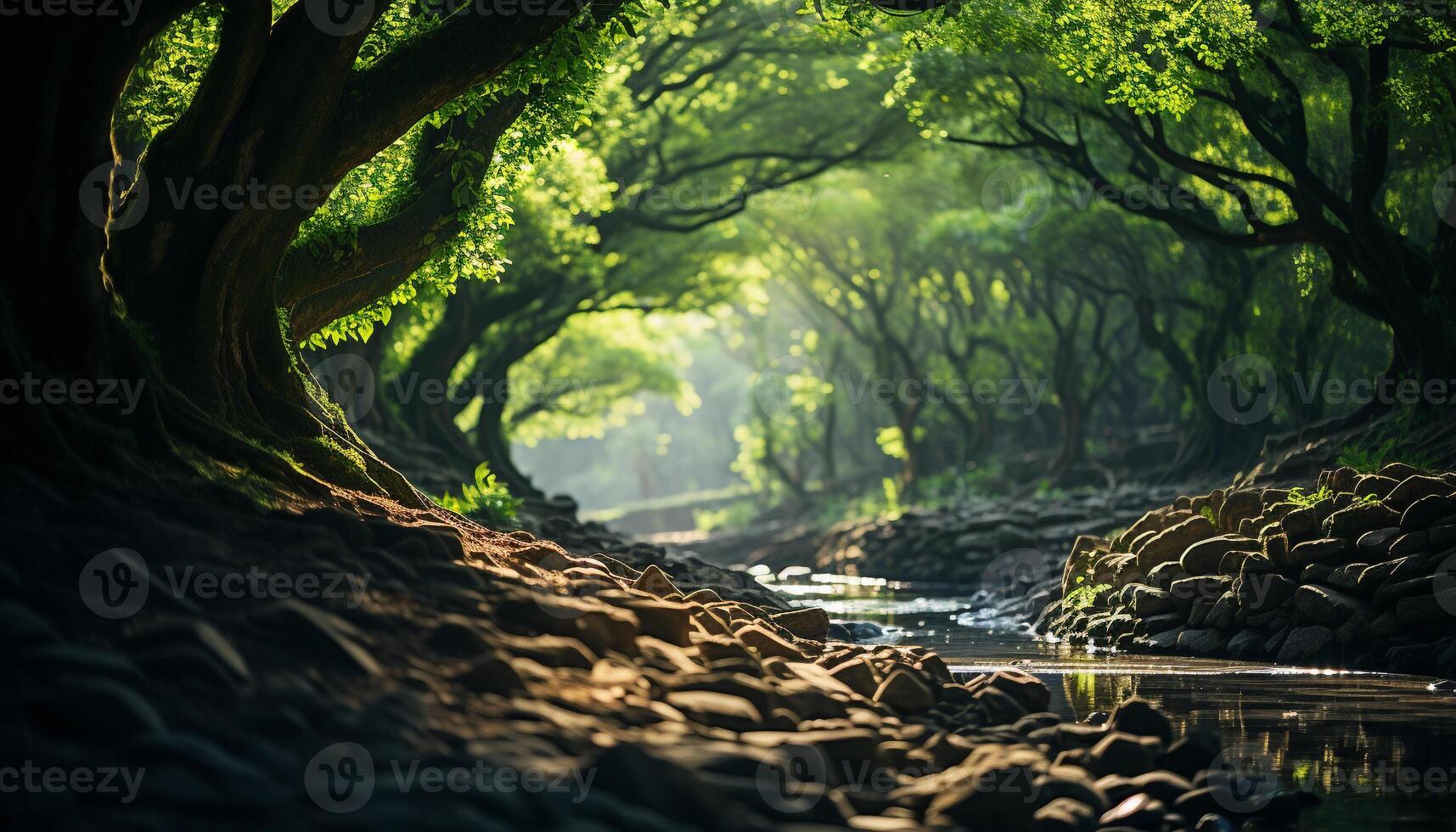 ai generado tranquilo escena de verde bosque con misterioso niebla generado por ai foto