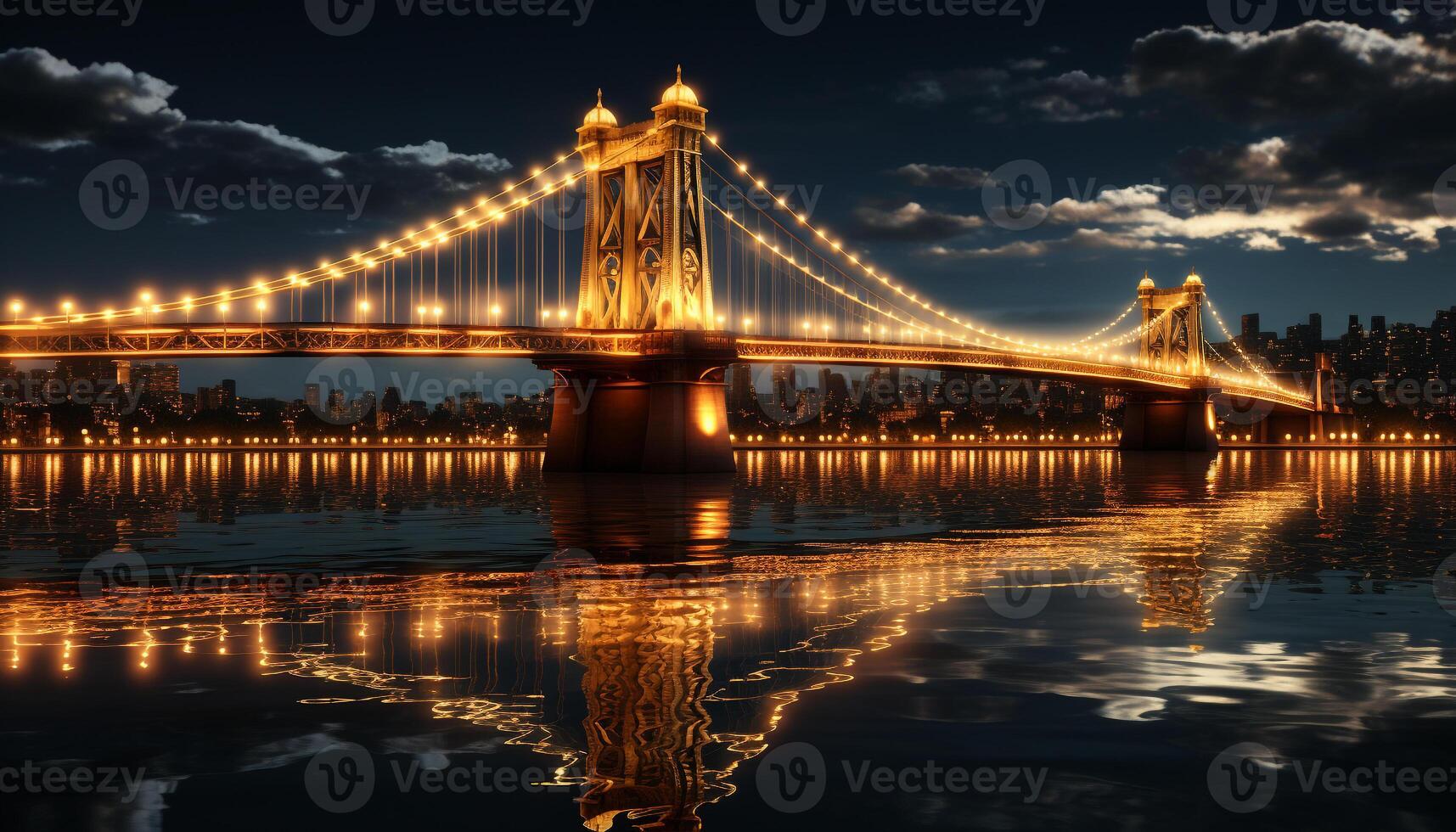 AI generated City skyline illuminated by sunset, reflecting on water generated by AI photo