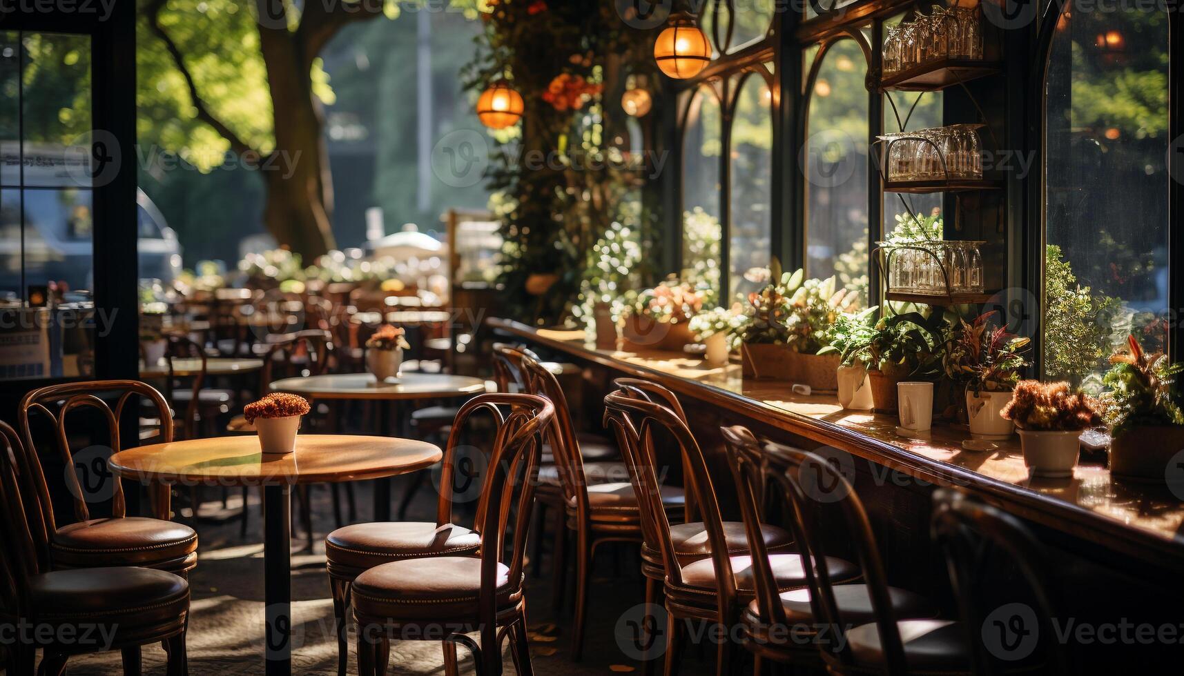 AI generated Wooden table and chair in a cozy cafe generated by AI photo