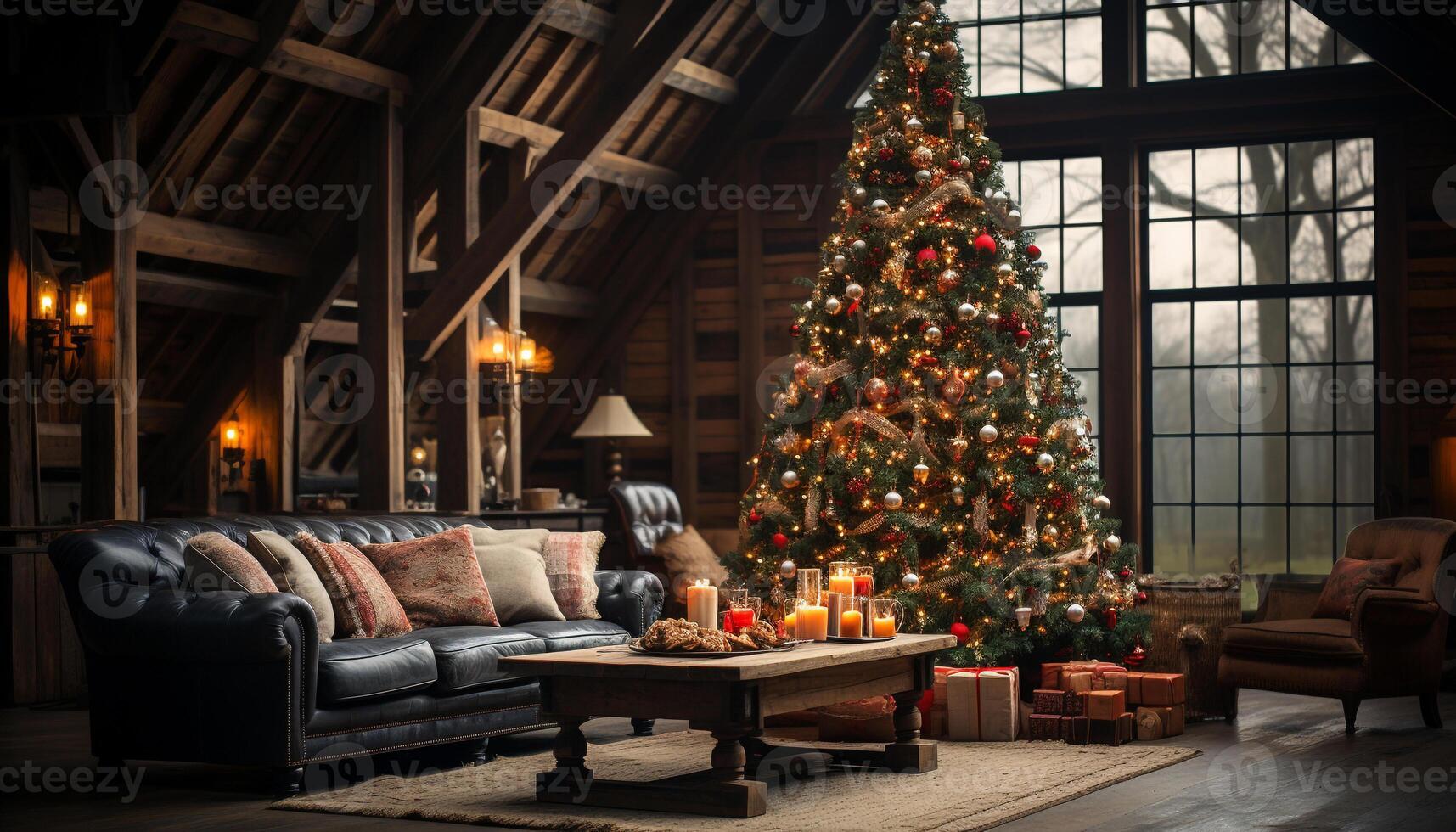 AI generated Cozy living room, Christmas tree glowing, family celebration generated by AI photo