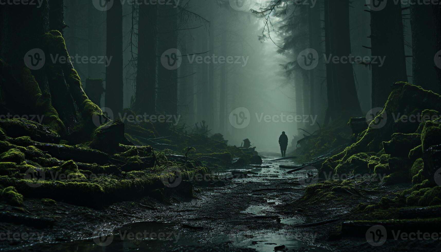 AI generated Spooky silhouette walking through foggy forest landscape generated by AI photo