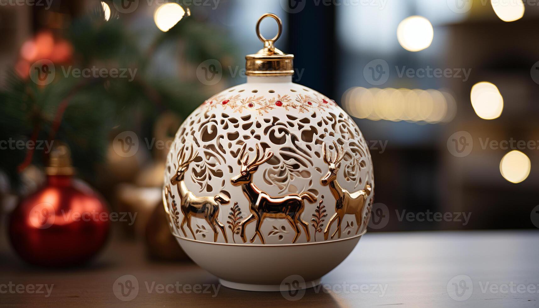 AI generated Christmas ornament on table, illuminated with Christmas lights generated by AI photo