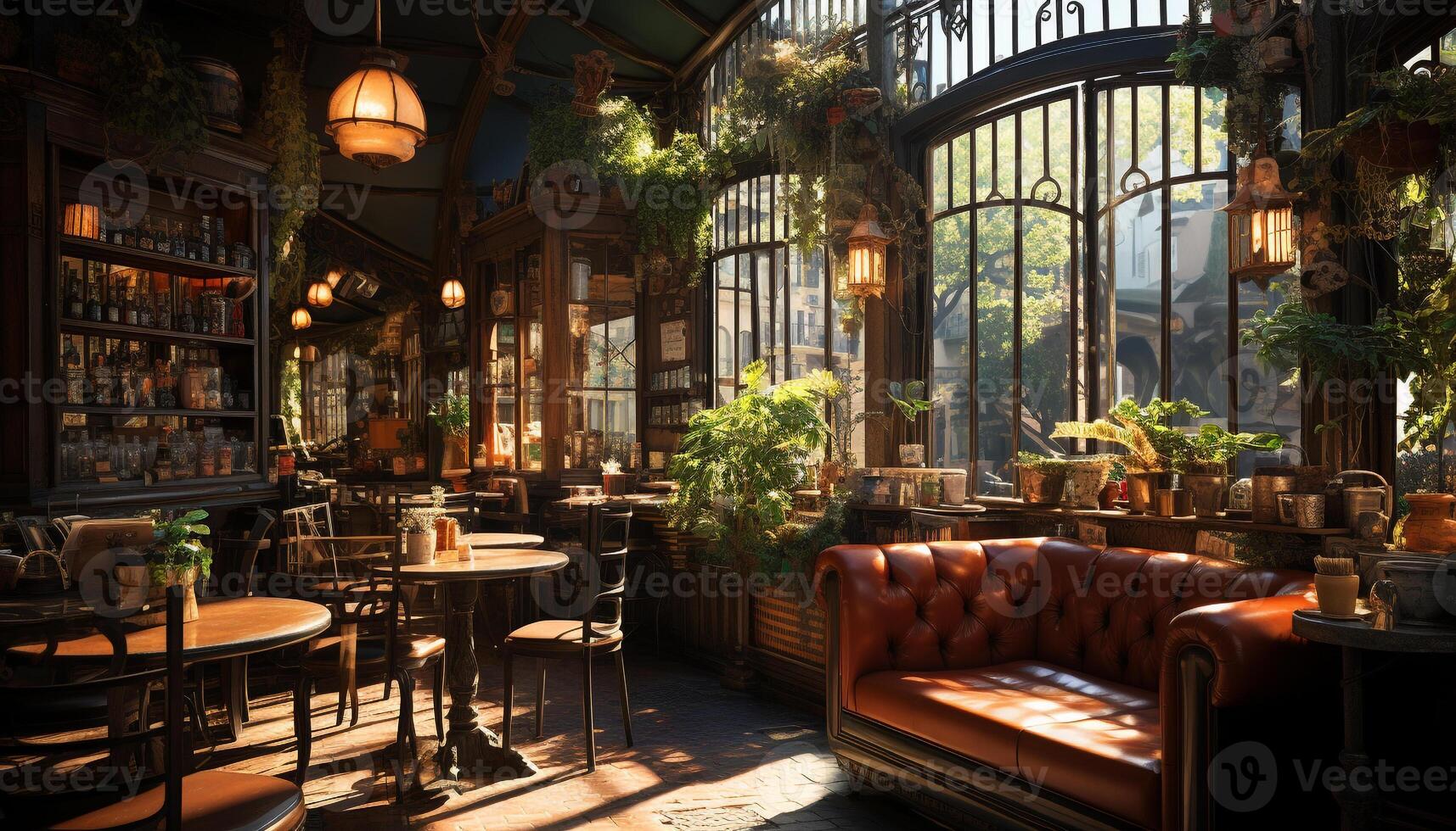 AI generated Modern bar with illuminated window, wood decor, and elegance generated by AI photo