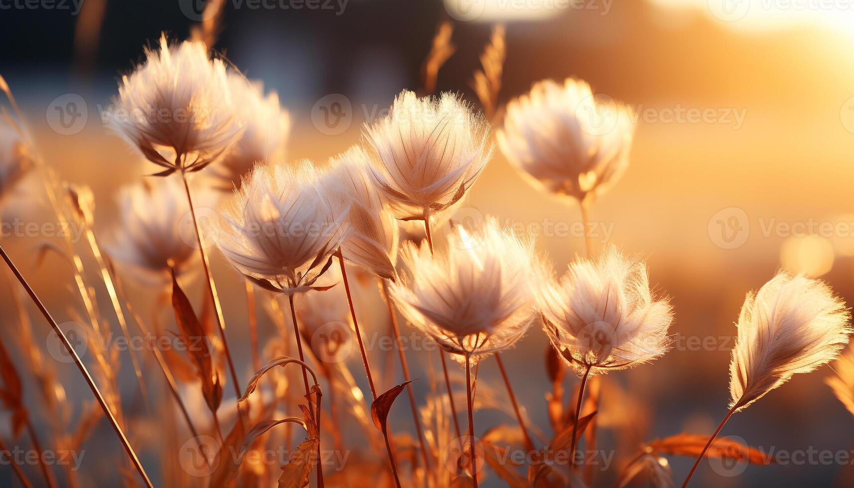 AI generated Sunset over meadow, wildflowers bloom in nature generated by AI photo