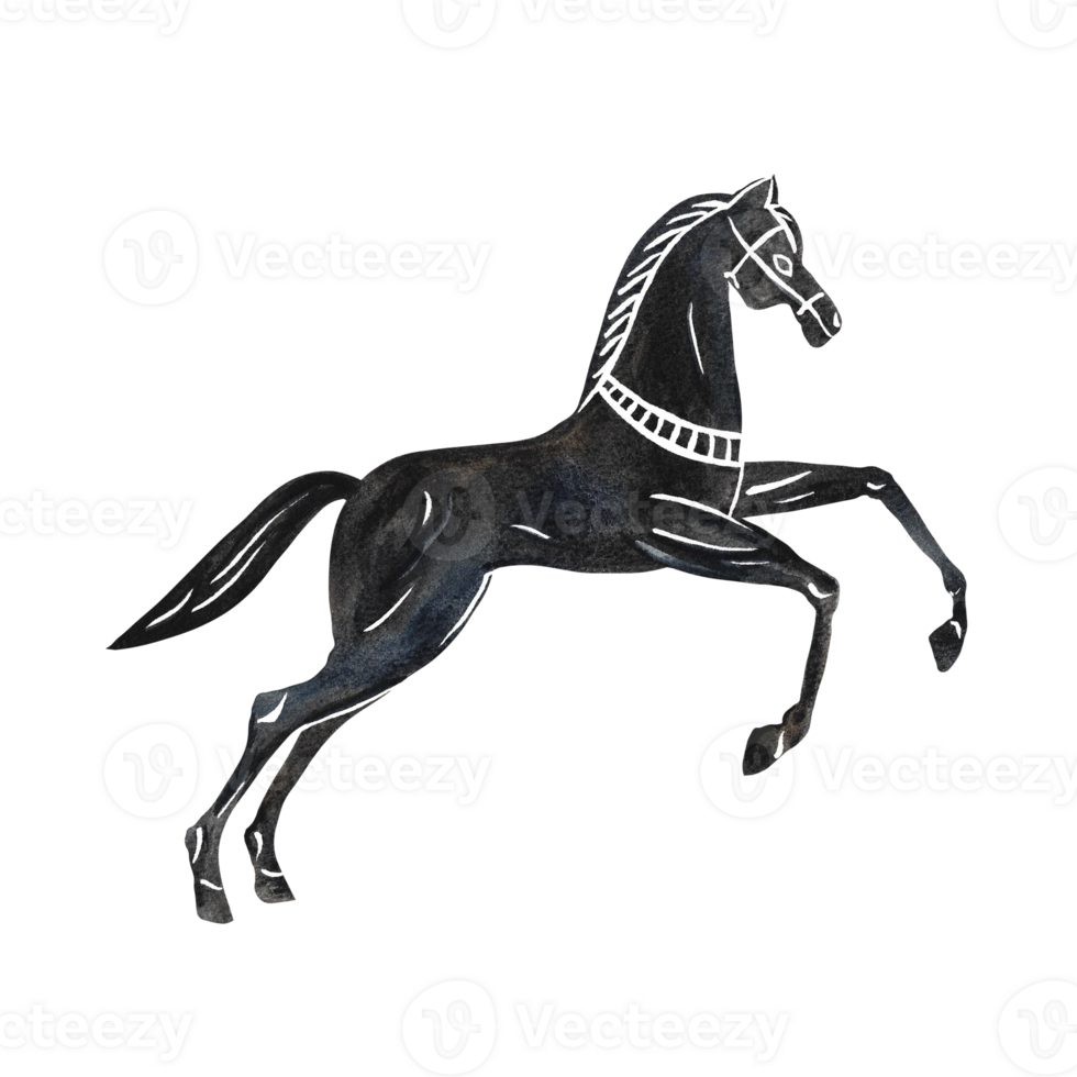Stylized horse. Black and white silhouette. Ancient Greek vase painting style. Hand drawn watercolor illustration. Isolate. For the design of banners, packaging and labels. For postcards, prints. png