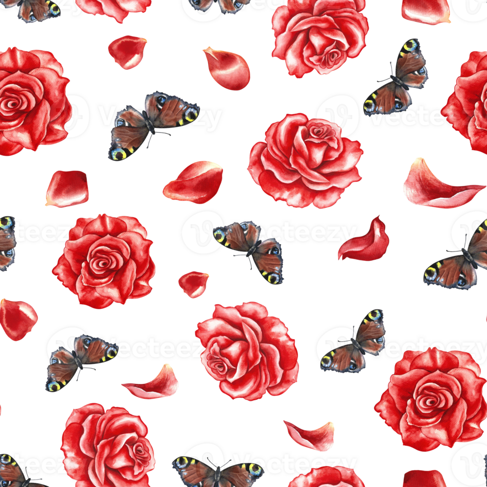 Seamless pattern with red roses and butterflies. Hand-drawn watercolor illustration. For packaging and textiles, wrapping paper, napkins, backgrounds. For tablecloths, wallpapers and printing. png