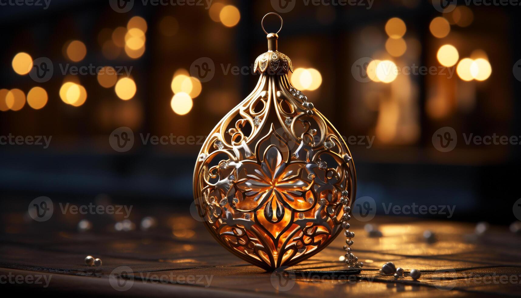 AI generated Christmas ornament glowing on table, surrounded by decorations generated by AI photo