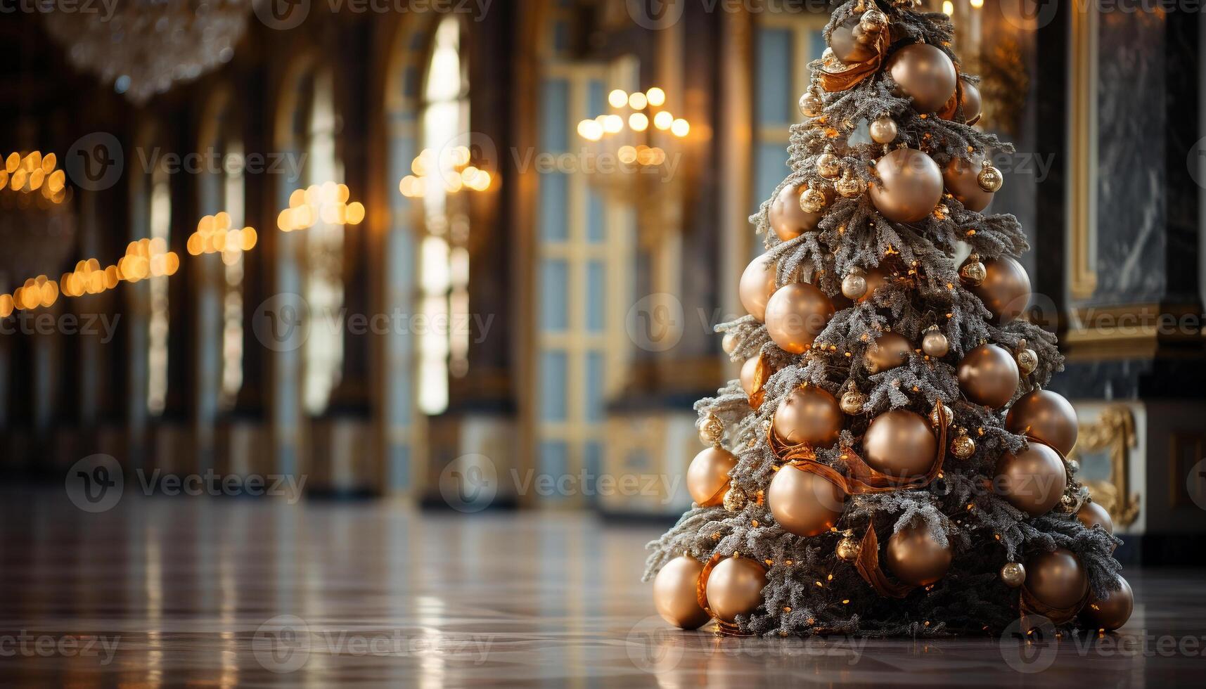 AI generated Christmas tree glowing with shiny ornaments indoors generated by AI photo
