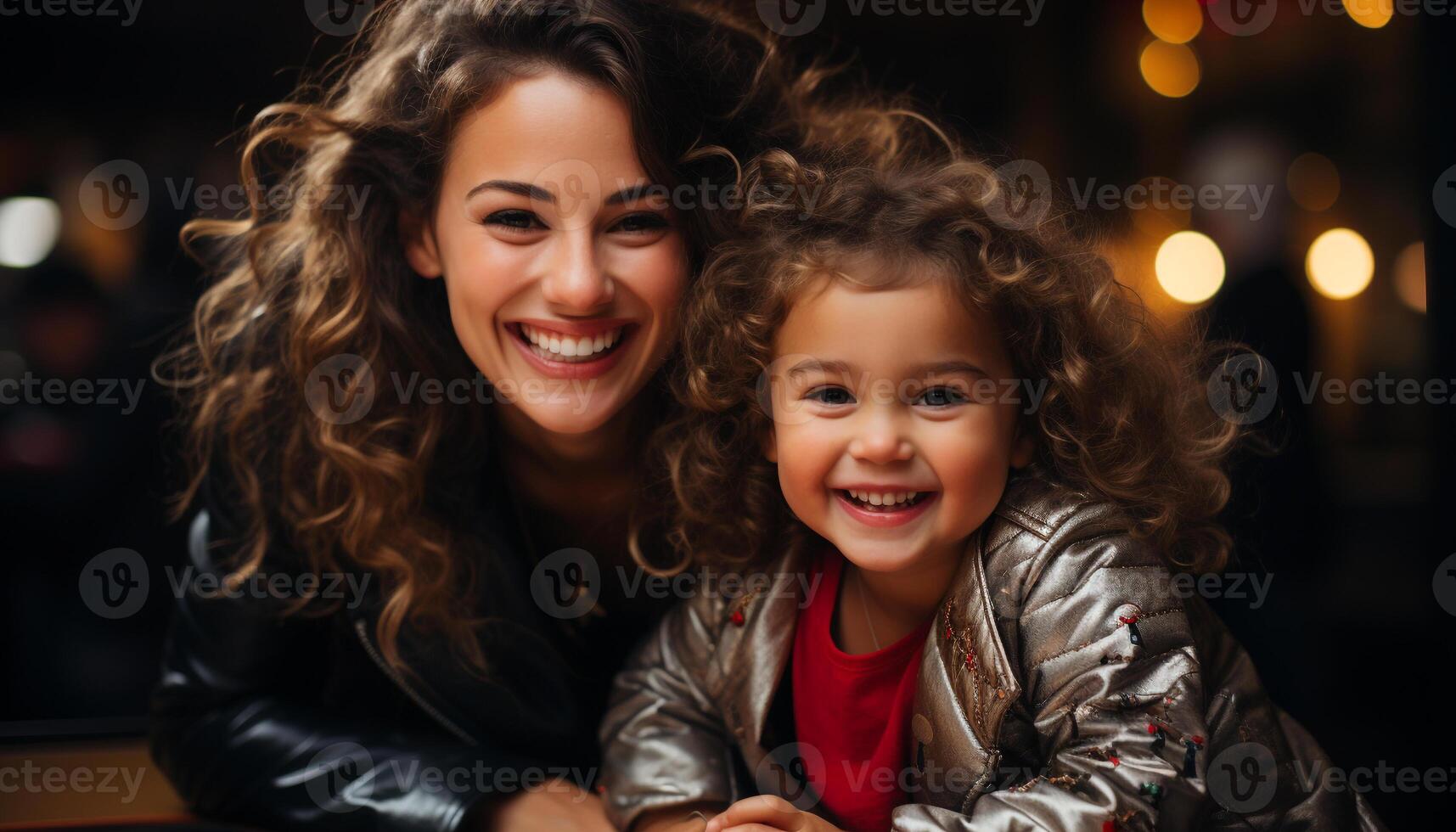 AI generated Smiling mother embraces cute child, radiating happiness generated by AI photo