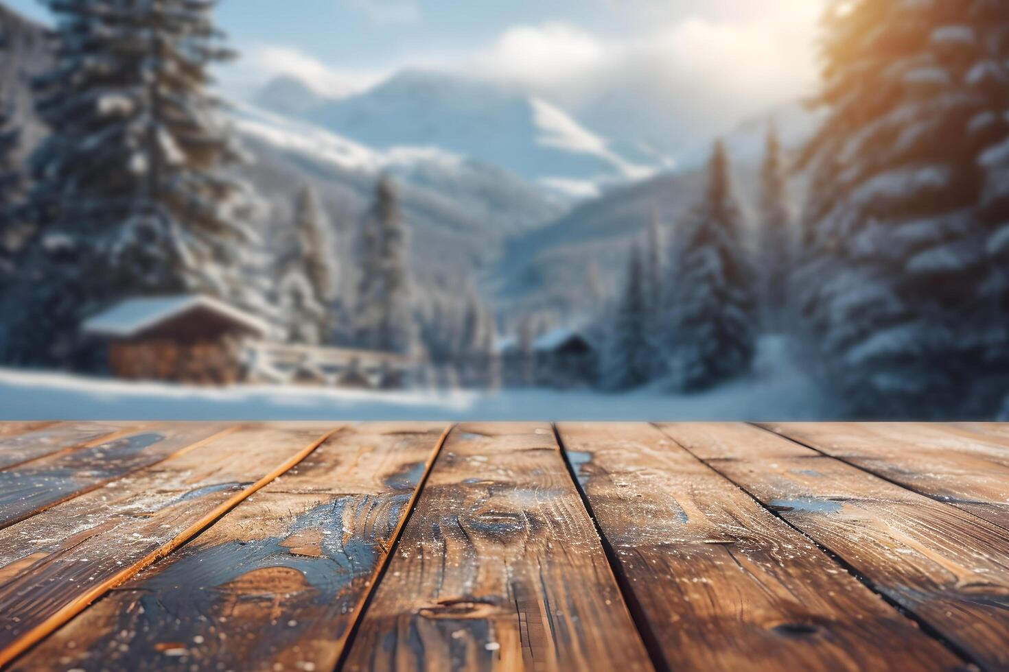 AI generated Wood Table with Blurry Snowy Background, Cozy Ski Lodge Atmosphere photo