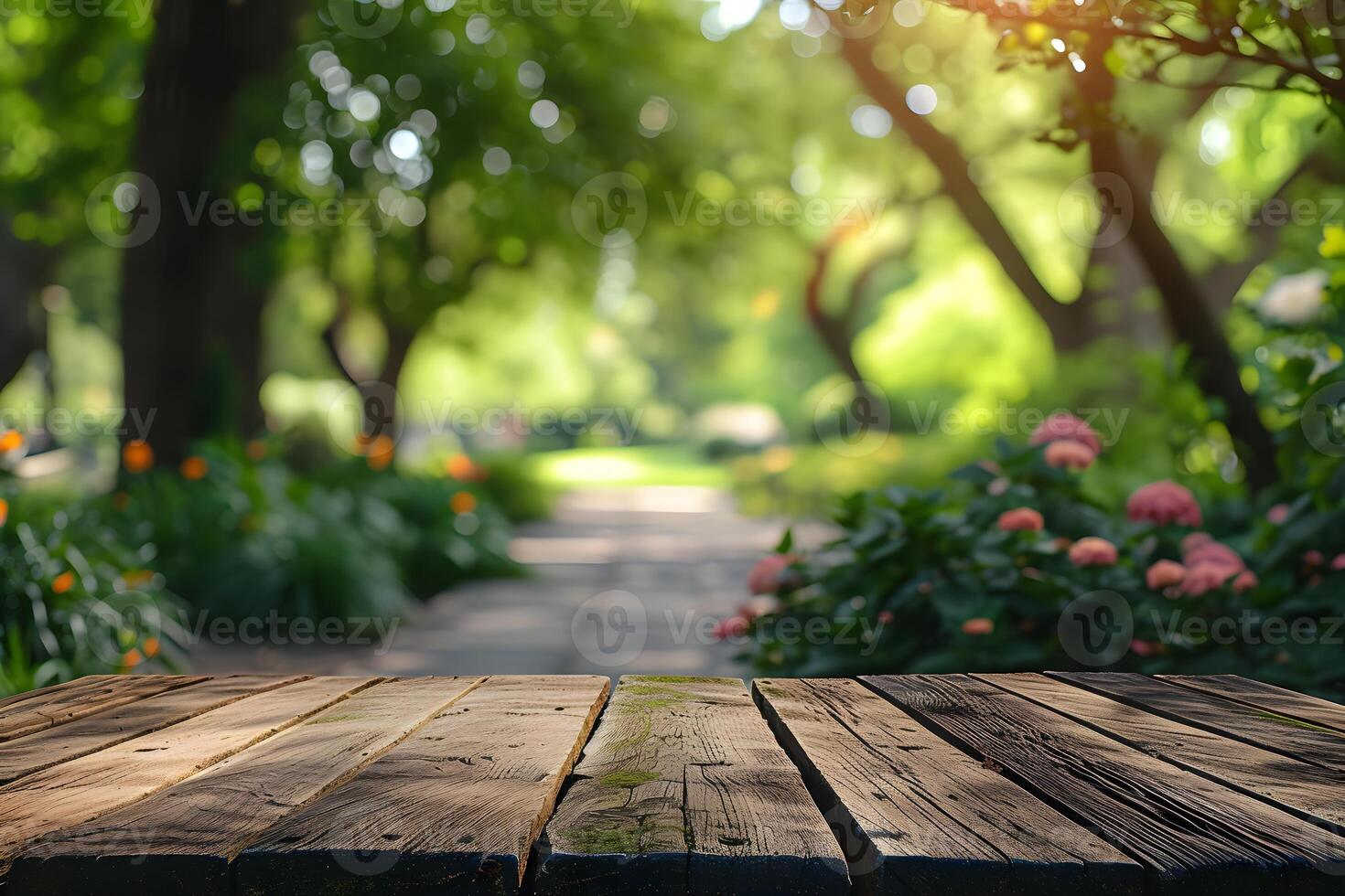 AI generated Blurred Zoo Background and Empty Table Foreground photo