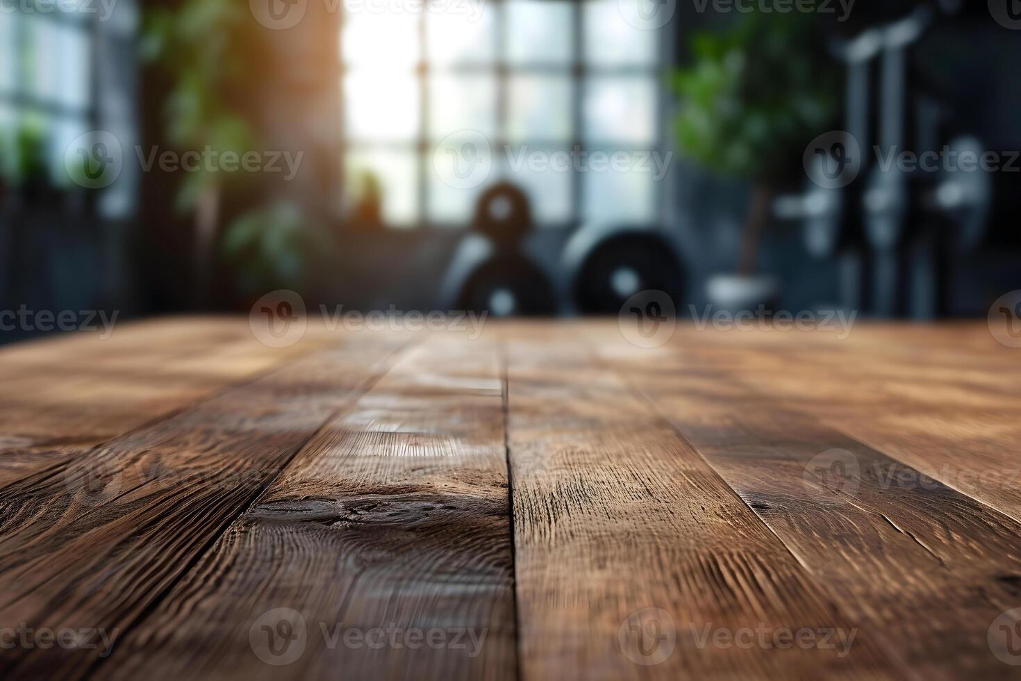 AI generated Wooden Tabletop Amidst Blurred Gym Background photo