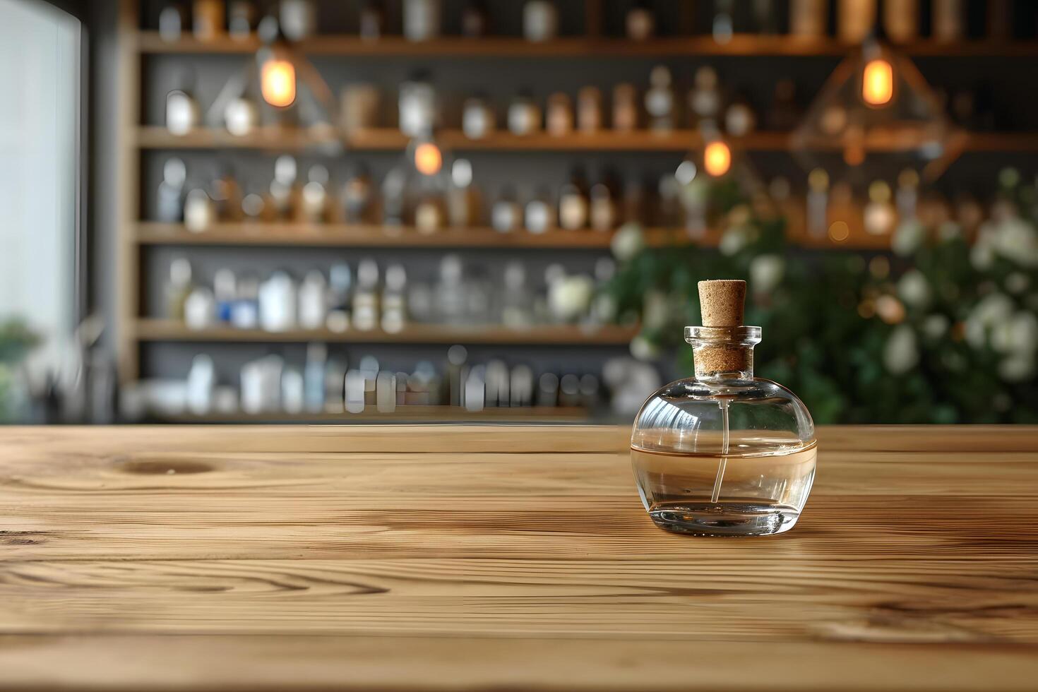 AI generated Empty Wood Table with Blurred Perfume Decor Boutique Aroma Scene photo