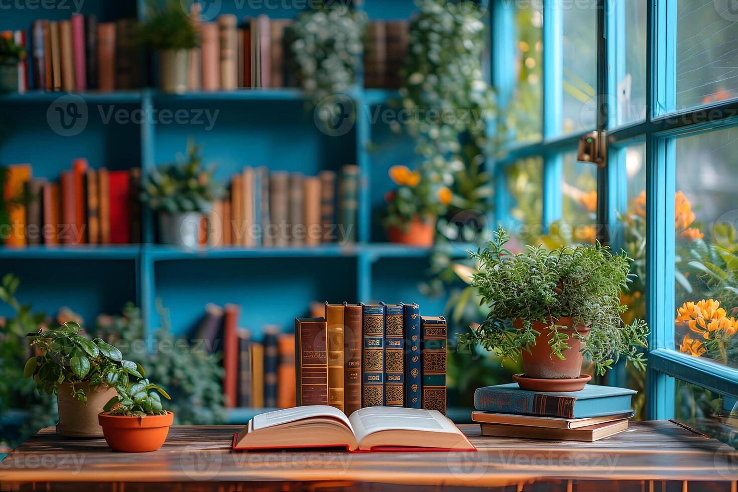 AI generated Blurry Library Background with Empty Table Foreground, Cozy Reading Nook Vibes photo