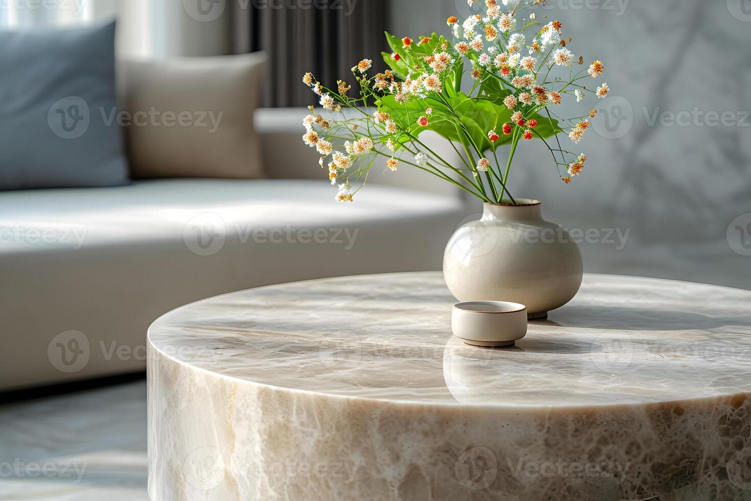 AI generated Marble Stone Counter table for Product Presentation with Elegant apartment Interior photo