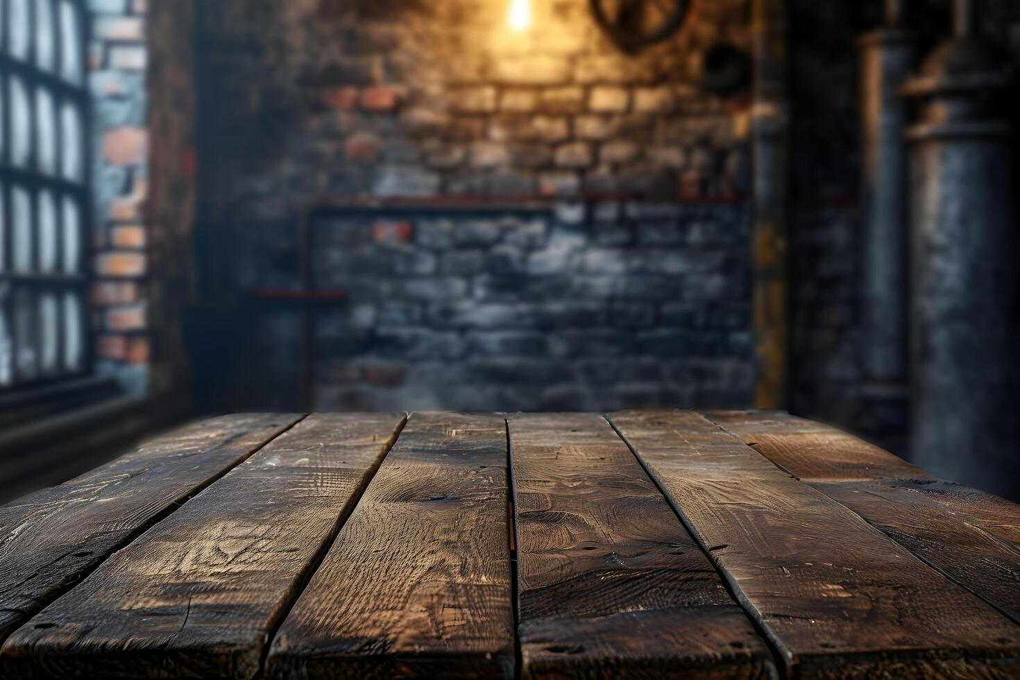 AI generated Empty Wooden Plank Table with Blurry Secret Underground Bunker photo