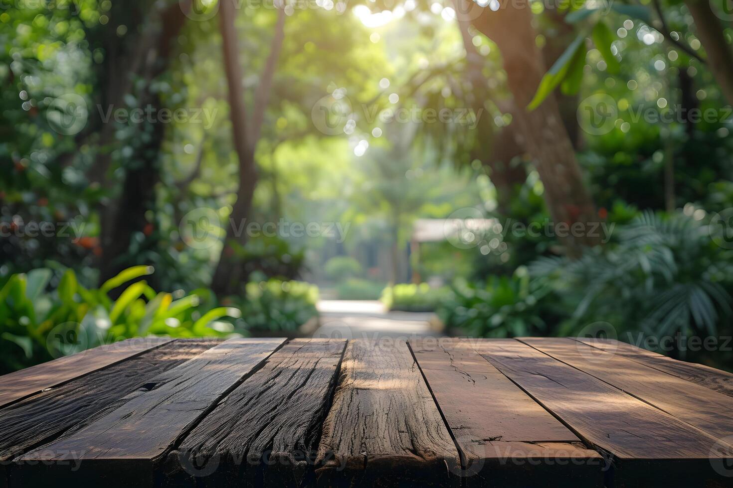 AI generated Empty Wooden Table and Zoo Blurry Background, Nature Encounter photo