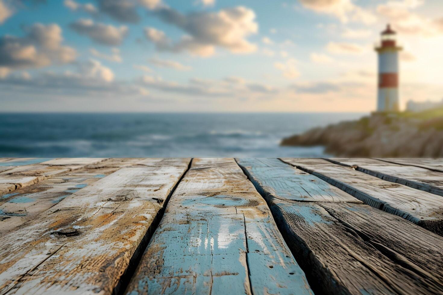 AI generated Wooden Table with Seaside Lighthouse Background photo